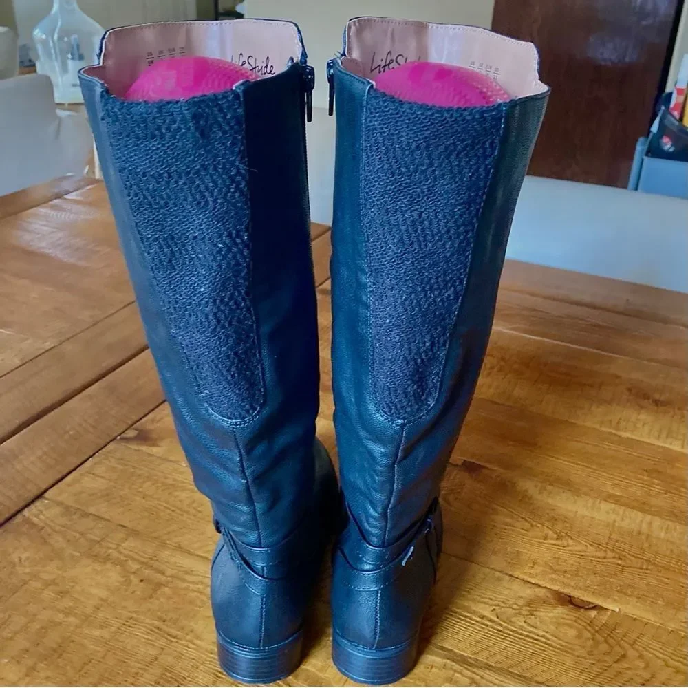 NEW Life Stride Xtrovert Knee High Riding Boot Black Faux Leather Size 6